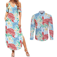 Palaka with Honu and Plumeria Couples Matching Summer Maxi Dress and Long Sleeve Button Shirt Hawaiian Heritage Spirit - Polynesian Pride