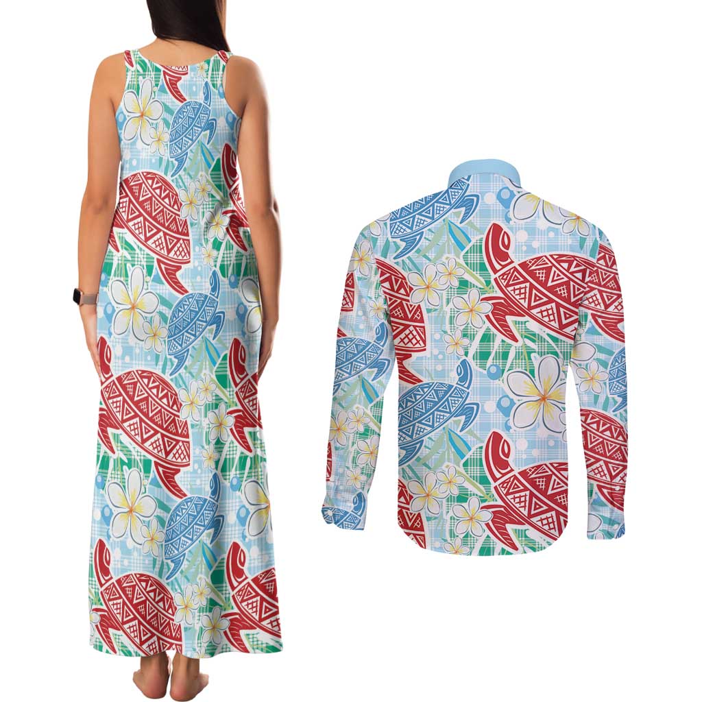 Palaka with Honu and Plumeria Couples Matching Tank Maxi Dress and Long Sleeve Button Shirt Hawaiian Heritage Spirit - Polynesian Pride