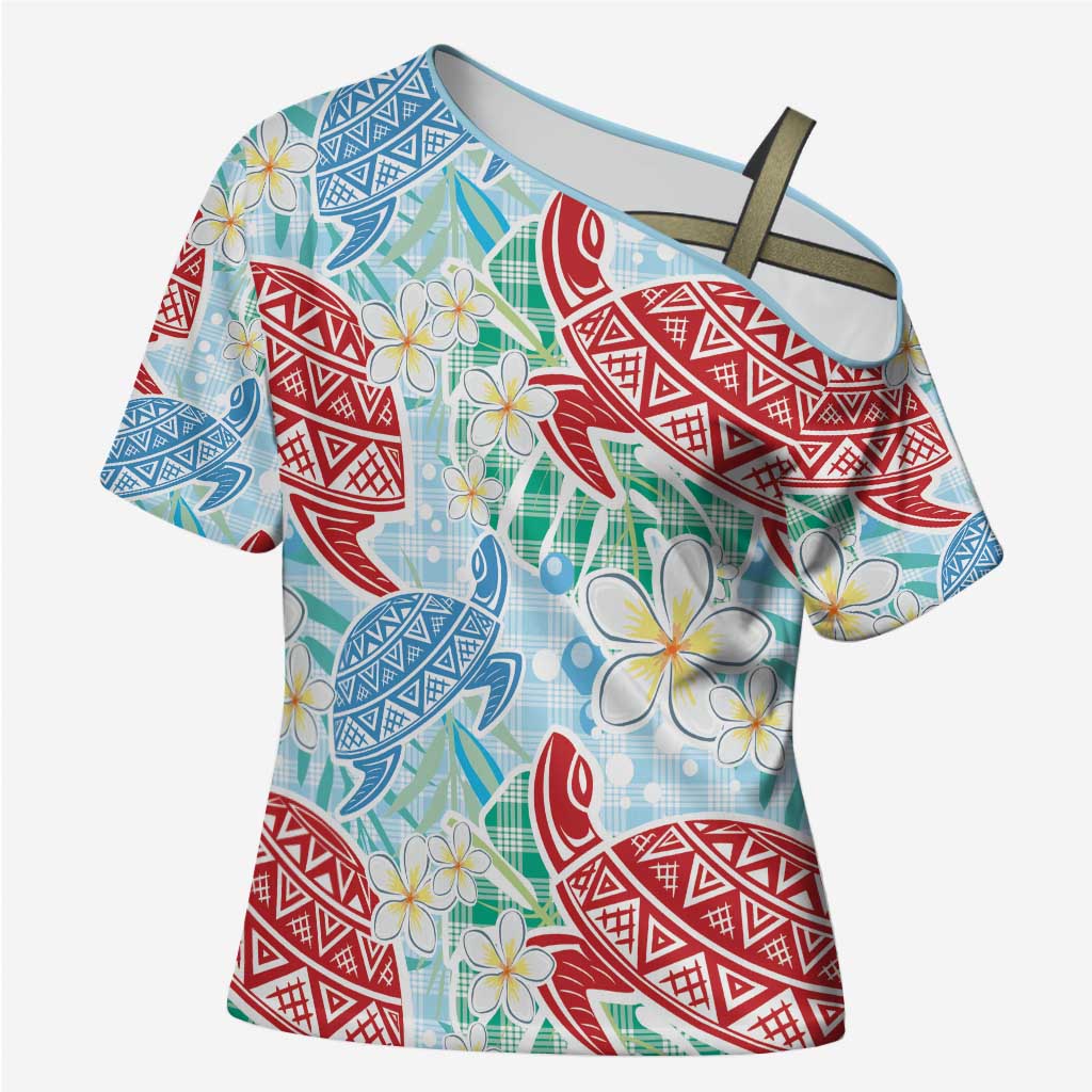 Palaka with Honu and Plumeria Cross Shoulder Shirt Hawaiian Heritage Spirit LT9 Female Blue - Polynesian Pride