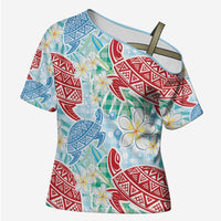 Palaka with Honu and Plumeria Cross Shoulder Shirt Hawaiian Heritage Spirit LT9 Female Blue - Polynesian Pride