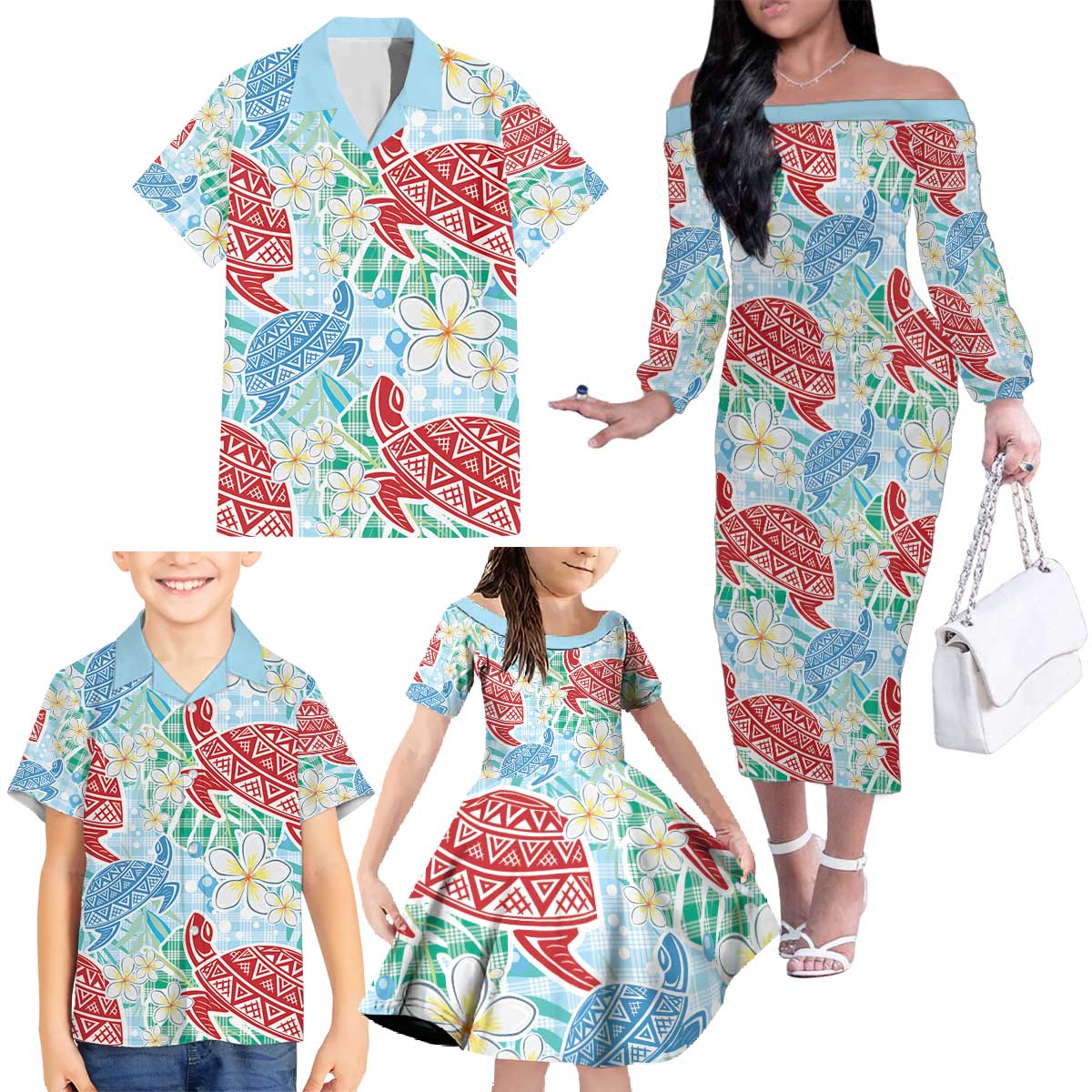 Palaka with Honu and Plumeria Family Matching Off The Shoulder Long Sleeve Dress and Hawaiian Shirt Hawaiian Heritage Spirit - Polynesian Pride