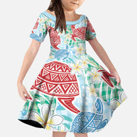 Palaka with Honu and Plumeria Family Matching Puletasi and Hawaiian Shirt Hawaiian Heritage Spirit LT9 Daughter's Dress Blue - Polynesian Pride