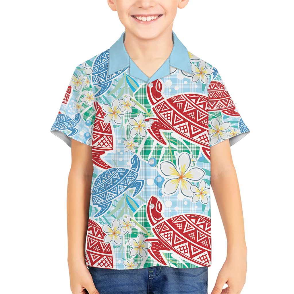 Palaka with Honu and Plumeria Family Matching Puletasi and Hawaiian Shirt Hawaiian Heritage Spirit LT9 Son's Shirt Blue - Polynesian Pride
