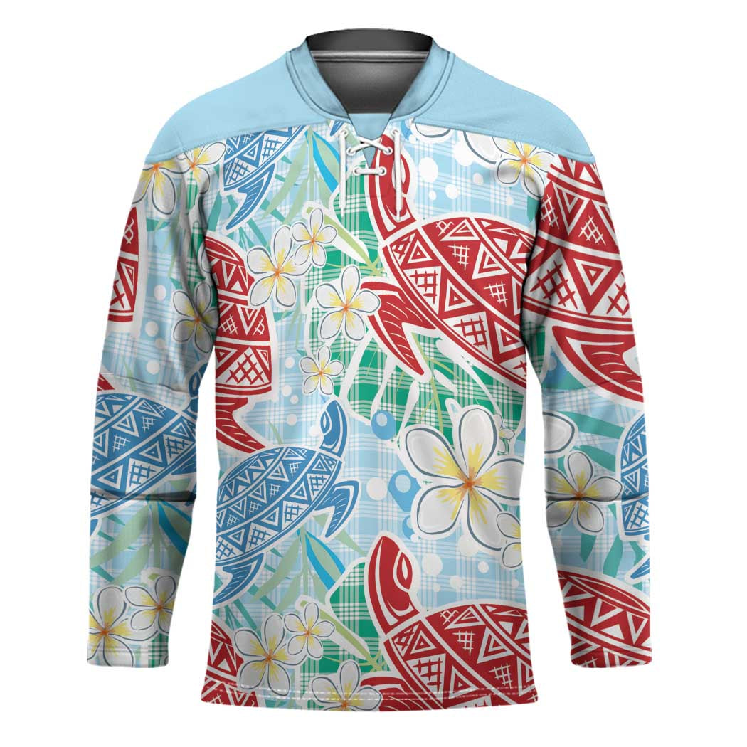 Palaka with Honu and Plumeria Hockey Jersey Hawaiian Heritage Spirit LT9 Unisex Blue - Polynesian Pride
