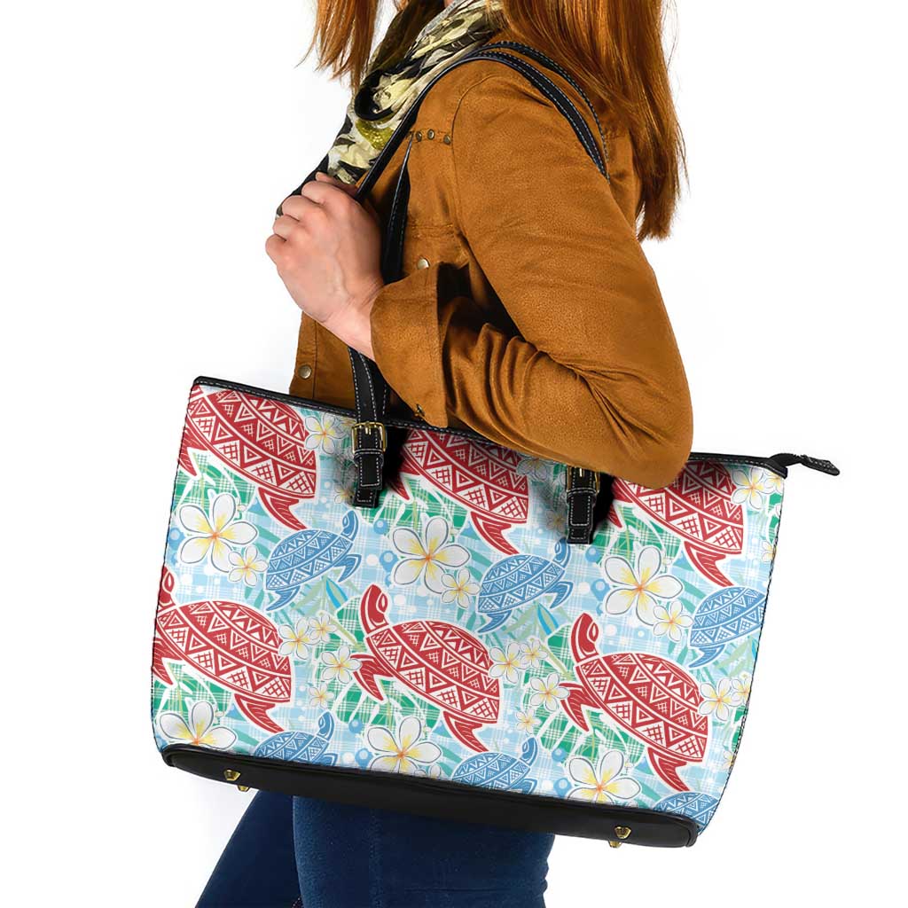 Palaka with Honu and Plumeria Leather Tote Bag Hawaiian Heritage Spirit LT9 Blue - Polynesian Pride