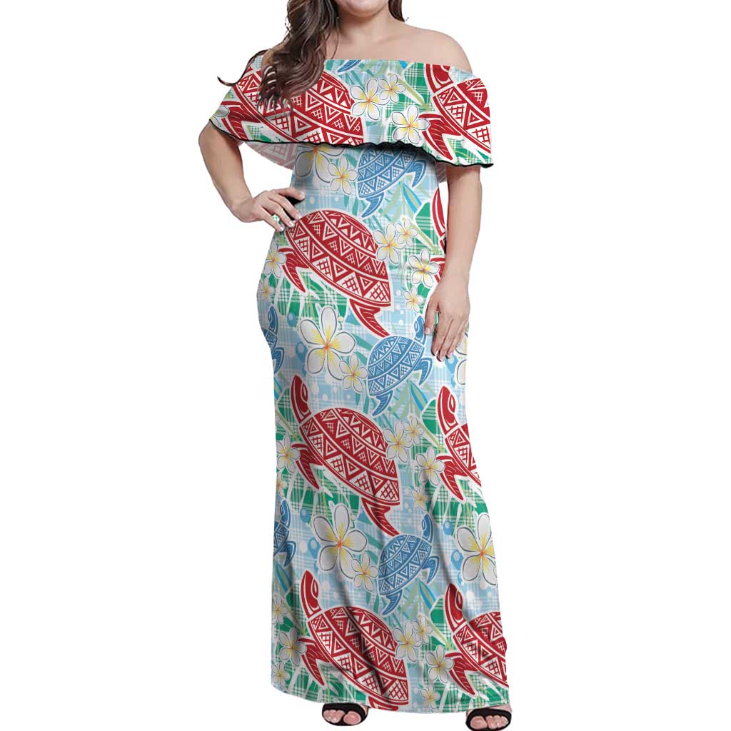 Palaka with Honu and Plumeria Off Shoulder Maxi Dress Hawaiian Heritage Spirit - Polynesian Pride