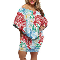 Palaka with Honu and Plumeria Off Shoulder Short Dress Hawaiian Heritage Spirit - Polynesian Pride