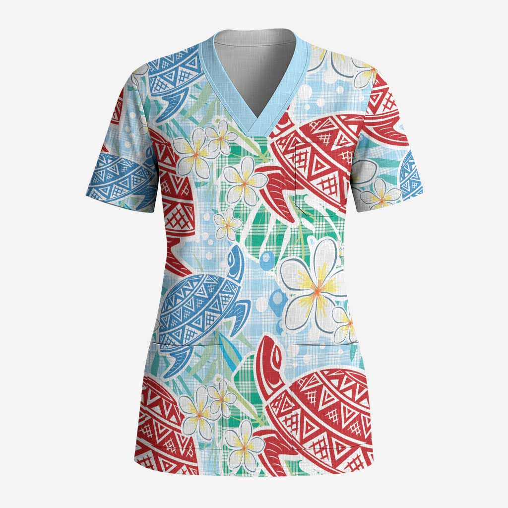 Palaka with Honu and Plumeria Scrub Top Hawaiian Heritage Spirit - Polynesian Pride