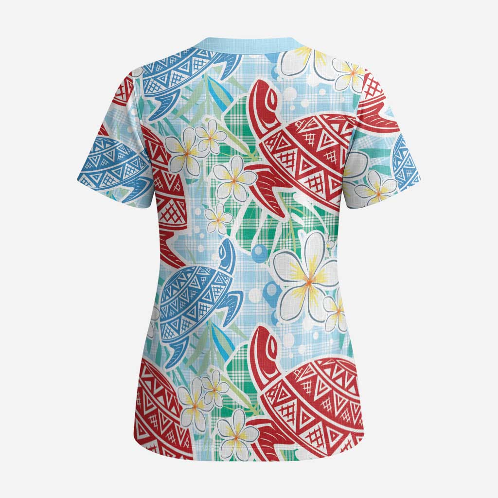 Palaka with Honu and Plumeria Scrub Top Hawaiian Heritage Spirit - Polynesian Pride