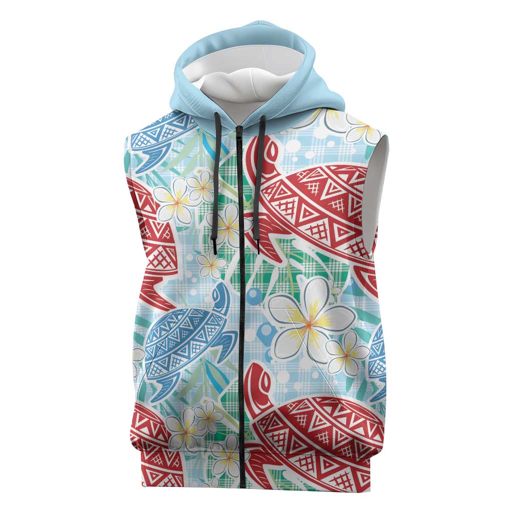 Palaka with Honu and Plumeria Sleeveless Zip Hoodie Hawaiian Heritage Spirit LT9 Blue - Polynesian Pride