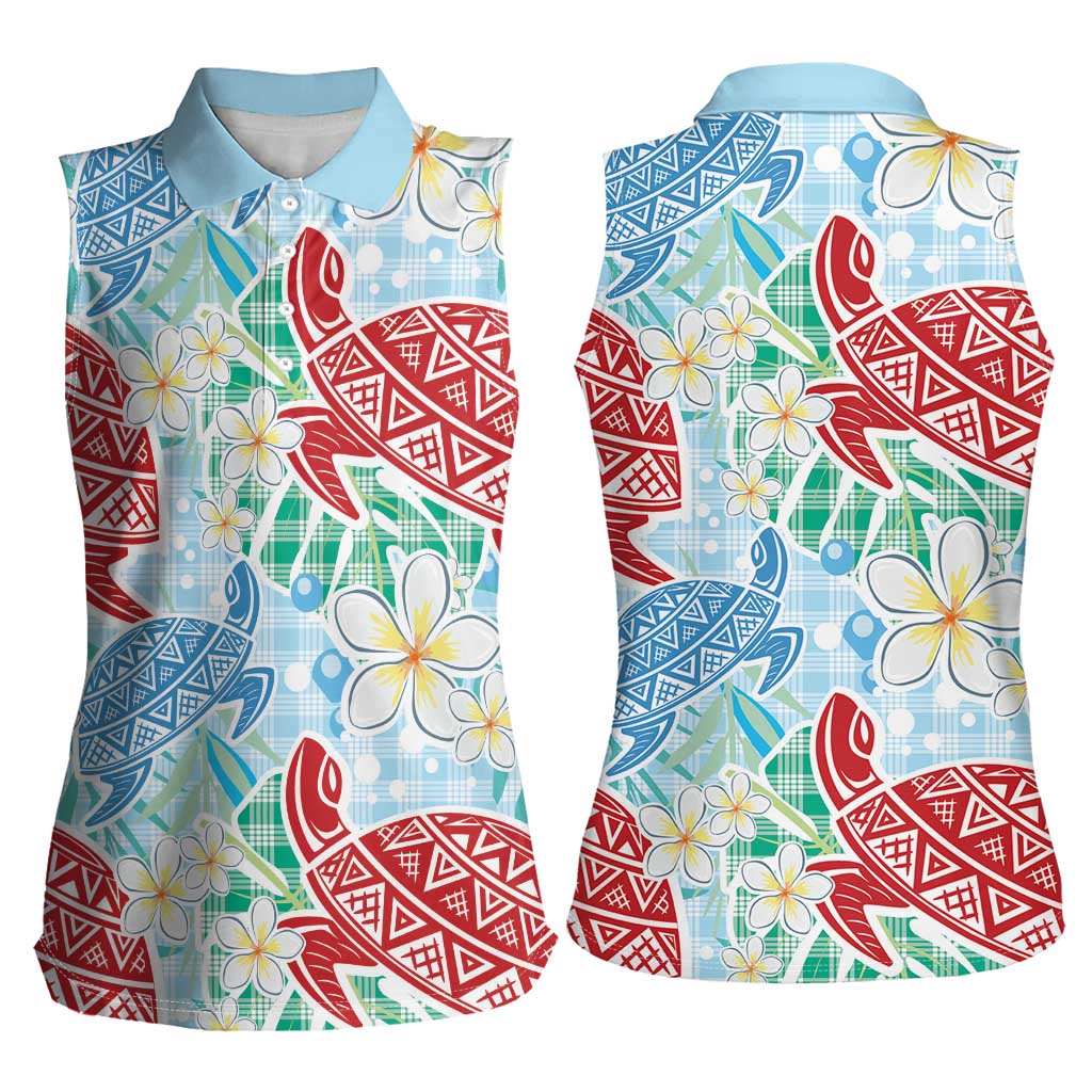 Palaka with Honu and Plumeria Women Sleeveless Polo Shirt Hawaiian Heritage Spirit - Polynesian Pride