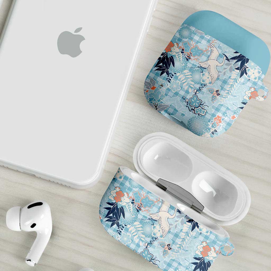 Blue Palaka Crane and Flowers AirPods Case Japan Heritage Spirit - Polynesian Pride