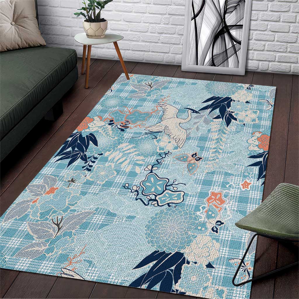 Blue Palaka Crane and Flowers Area Rug Japan Heritage Spirit - Polynesian Pride