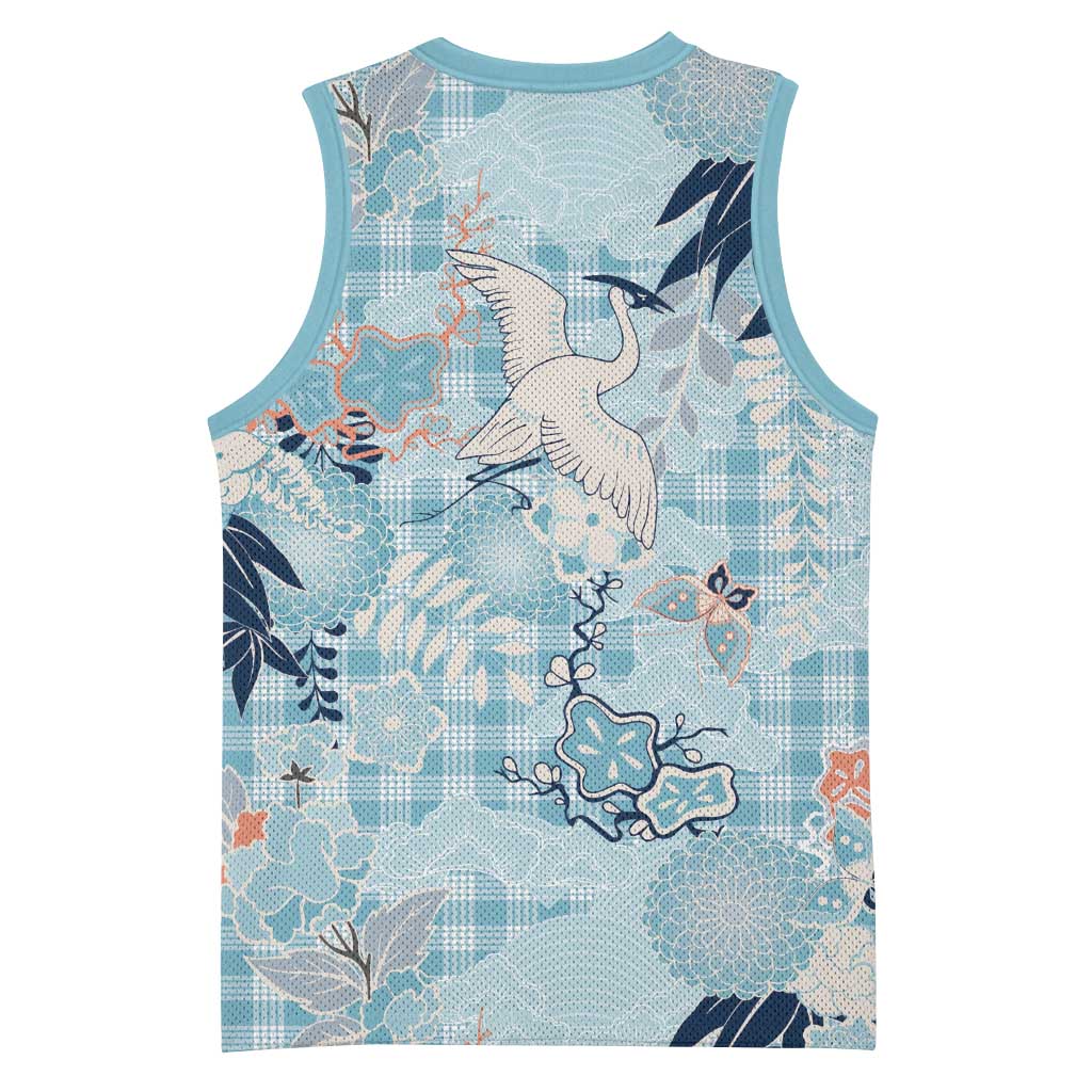Blue Palaka Crane and Flowers Basketball Jersey Japan Heritage Spirit - Polynesian Pride
