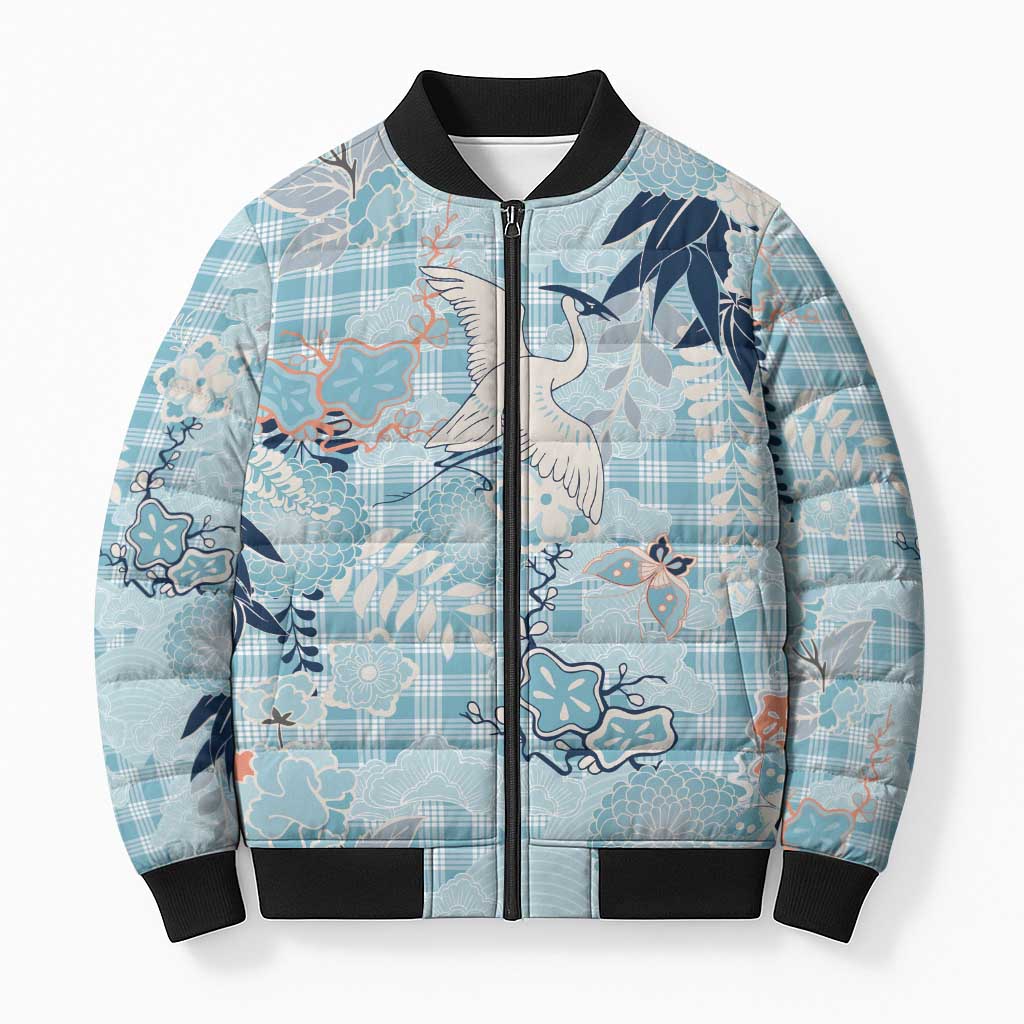 Blue Palaka Crane and Flowers Bomber Puffer Jacket Japan Heritage Spirit - Polynesian Pride