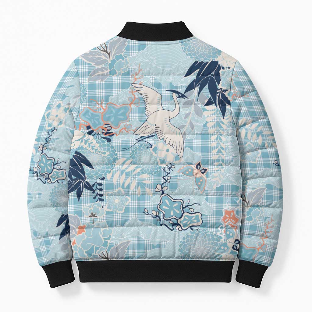 Blue Palaka Crane and Flowers Bomber Puffer Jacket Japan Heritage Spirit - Polynesian Pride