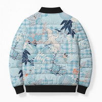 Blue Palaka Crane and Flowers Bomber Puffer Jacket Japan Heritage Spirit - Polynesian Pride
