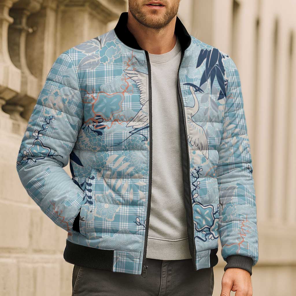 Blue Palaka Crane and Flowers Bomber Puffer Jacket Japan Heritage Spirit - Polynesian Pride