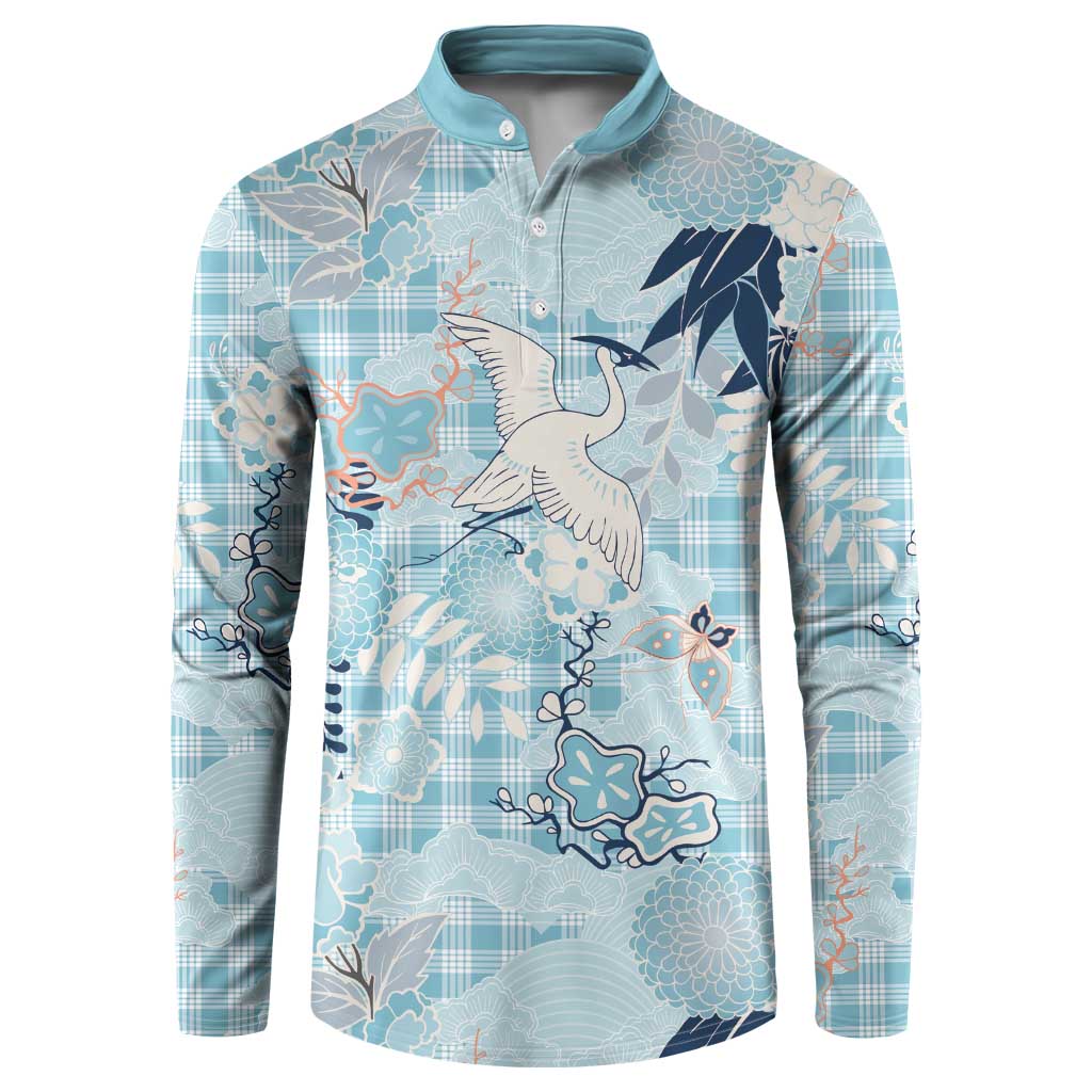 Blue Palaka Crane and Flowers Button Sweatshirt Japan Heritage Spirit - Polynesian Pride