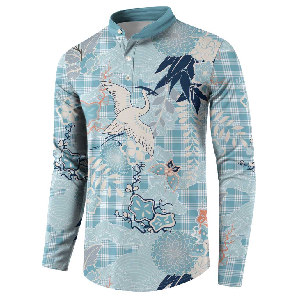 Blue Palaka Crane and Flowers Button Sweatshirt Japan Heritage Spirit - Polynesian Pride