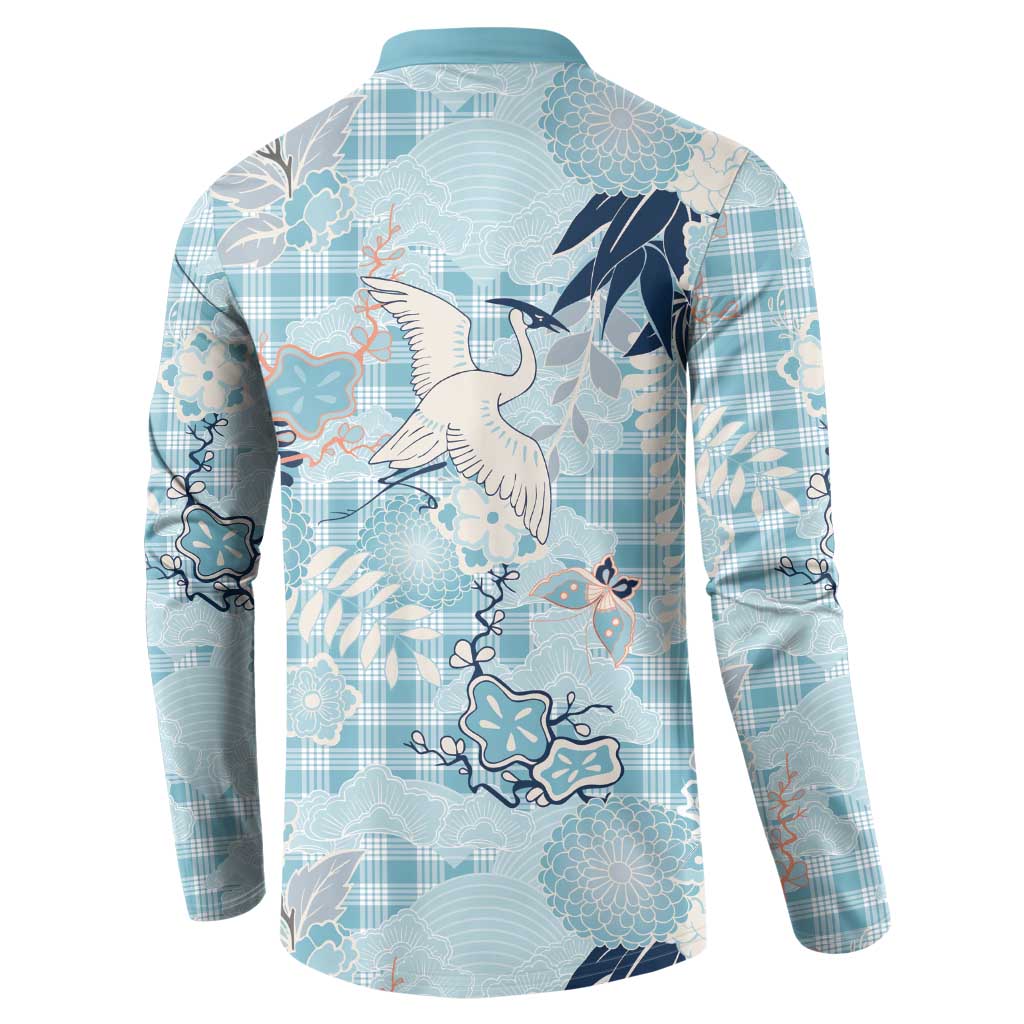 Blue Palaka Crane and Flowers Button Sweatshirt Japan Heritage Spirit - Polynesian Pride