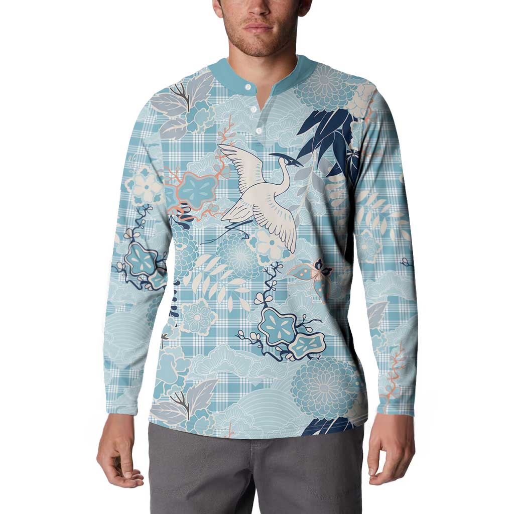 Blue Palaka Crane and Flowers Button Sweatshirt Japan Heritage Spirit - Polynesian Pride