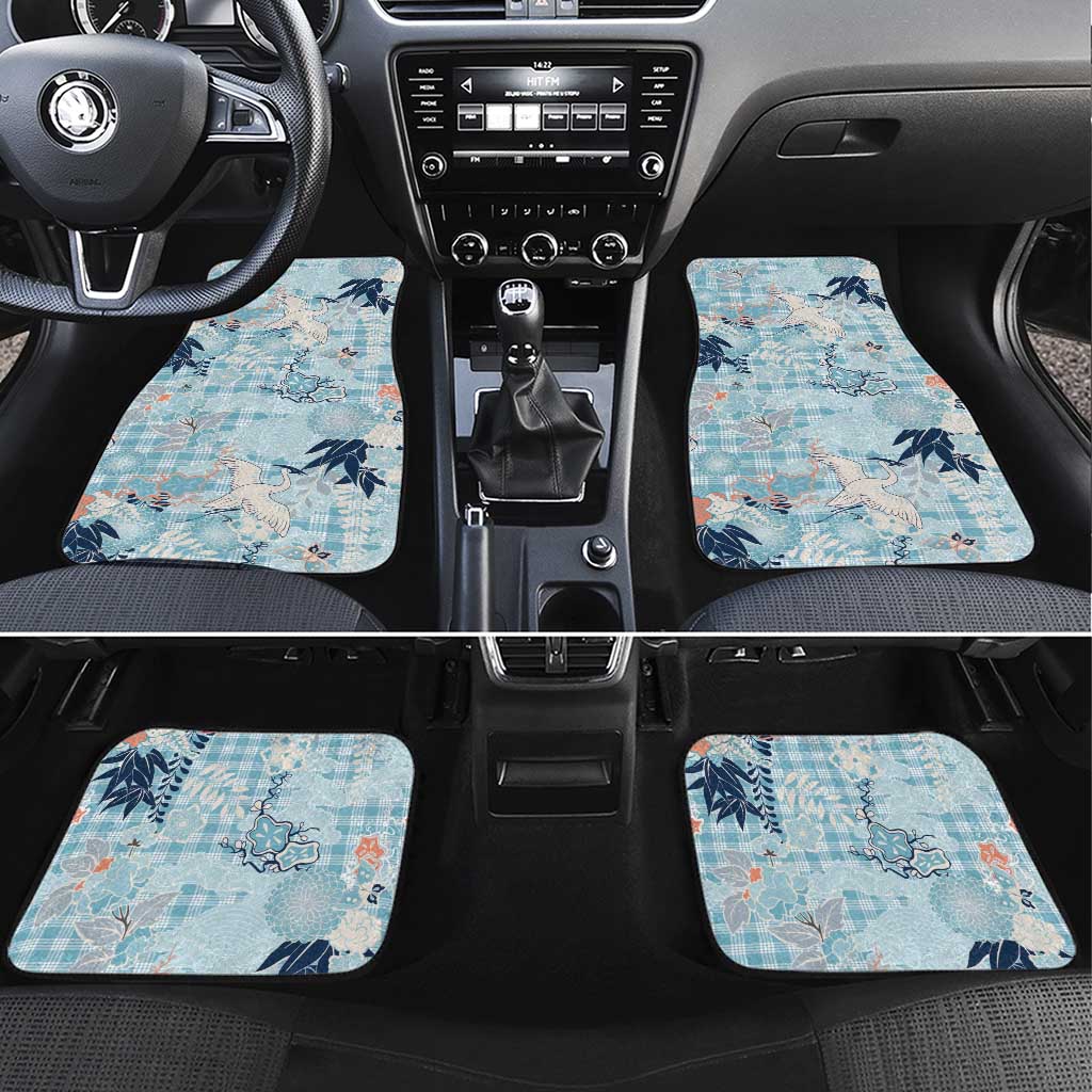 Blue Palaka Crane and Flowers Car Mats Japan Heritage Spirit - Polynesian Pride