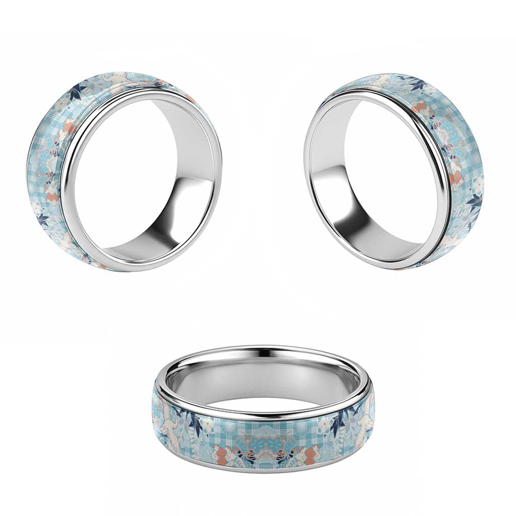 Blue Palaka Crane and Flowers Classic Ring Japan Heritage Spirit - Polynesian Pride