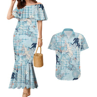 Blue Palaka Crane and Flowers Couples Matching Mermaid Dress and Hawaiian Shirt Japan Heritage Spirit - Polynesian Pride