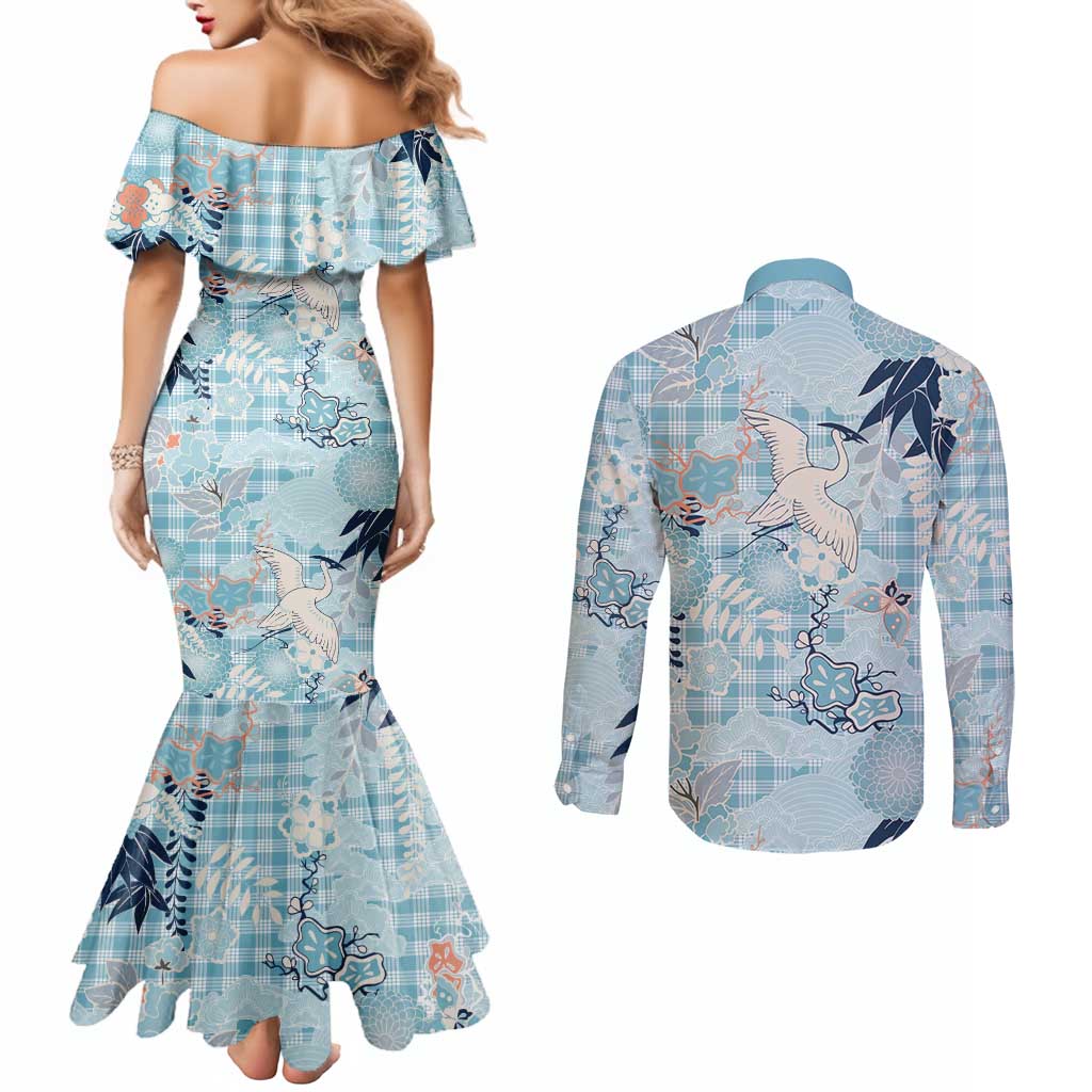 Blue Palaka Crane and Flowers Couples Matching Mermaid Dress and Long Sleeve Button Shirt Japan Heritage Spirit - Polynesian Pride