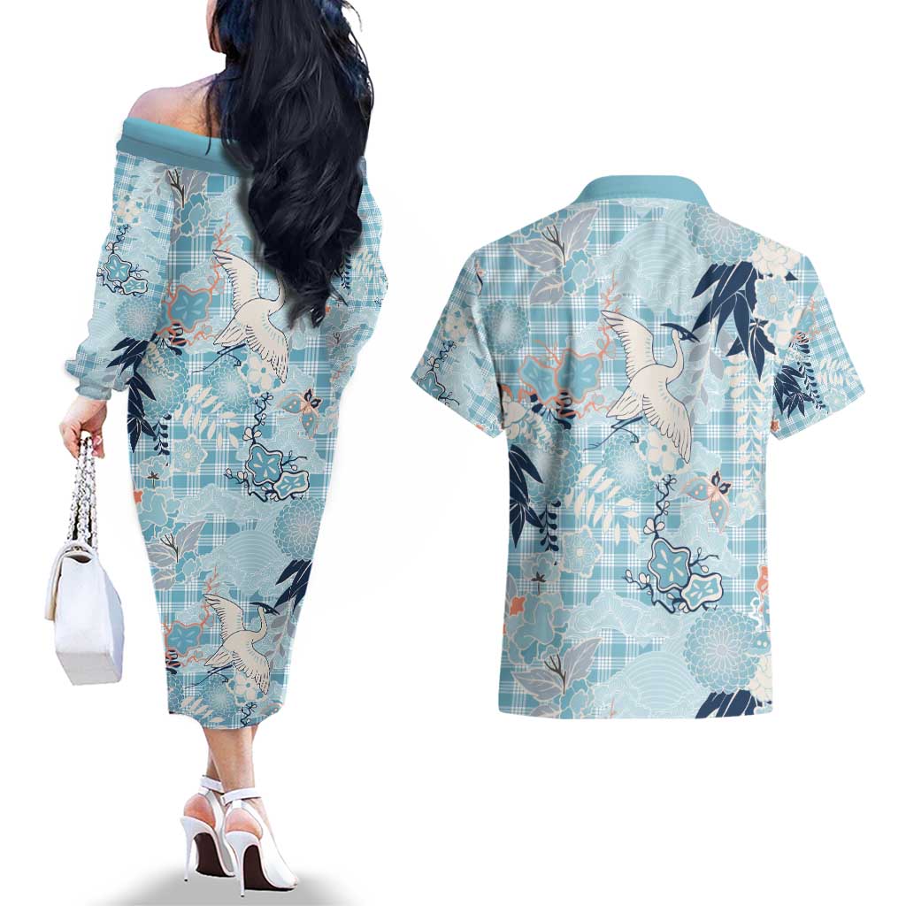 Blue Palaka Crane and Flowers Couples Matching Off The Shoulder Long Sleeve Dress and Hawaiian Shirt Japan Heritage Spirit - Polynesian Pride