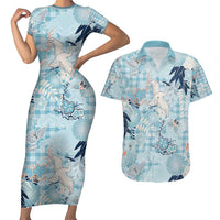Blue Palaka Crane and Flowers Couples Matching Short Sleeve Bodycon Dress and Hawaiian Shirt Japan Heritage Spirit - Polynesian Pride