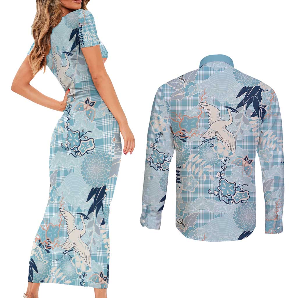 Blue Palaka Crane and Flowers Couples Matching Short Sleeve Bodycon Dress and Long Sleeve Button Shirt Japan Heritage Spirit - Polynesian Pride