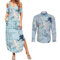 Blue Palaka Crane and Flowers Couples Matching Summer Maxi Dress and Long Sleeve Button Shirt Japan Heritage Spirit - Polynesian Pride