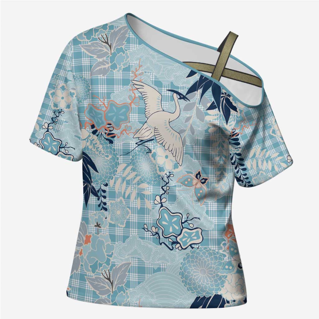Blue Palaka Crane and Flowers Cross Shoulder Shirt Japan Heritage Spirit - Polynesian Pride