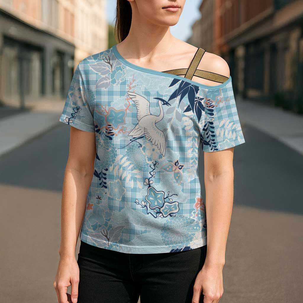 Blue Palaka Crane and Flowers Cross Shoulder Shirt Japan Heritage Spirit - Polynesian Pride