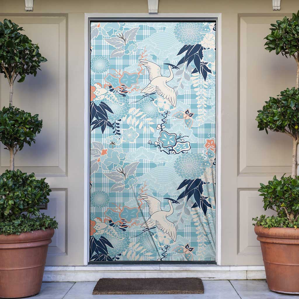 Blue Palaka Crane and Flowers Door Cover Japan Heritage Spirit - Polynesian Pride