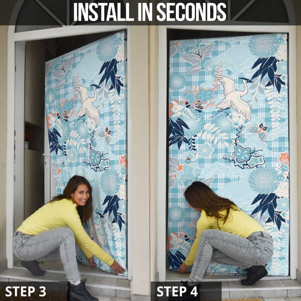 Blue Palaka Crane and Flowers Door Cover Japan Heritage Spirit - Polynesian Pride