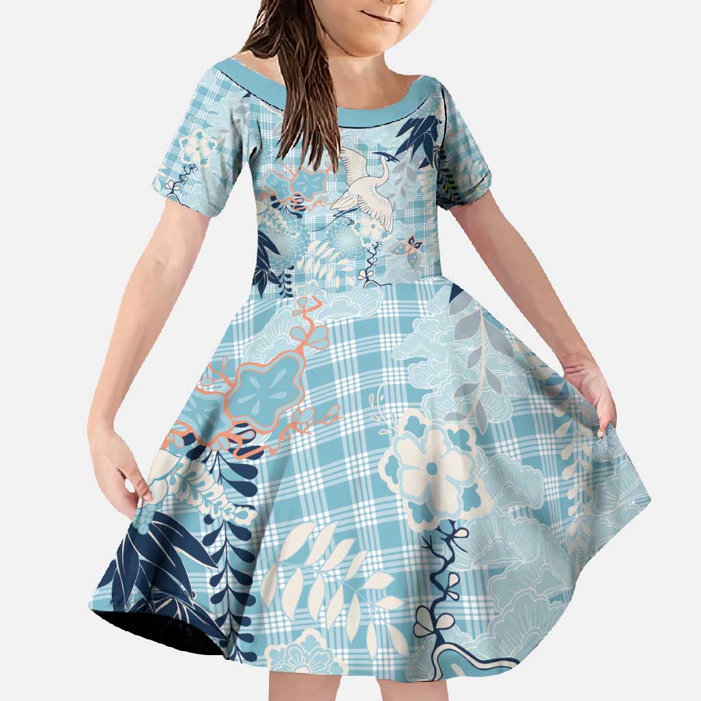 Blue Palaka Crane and Flowers Family Matching Long Sleeve Bodycon Dress and Hawaiian Shirt Japan Heritage Spirit LT9 Daughter's Dress Blue - Polynesian Pride
