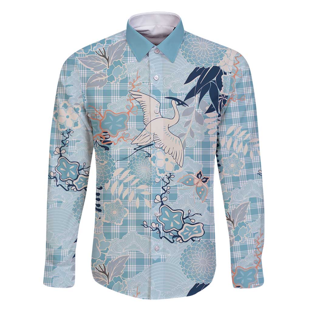 Blue Palaka Crane and Flowers Family Matching Long Sleeve Bodycon Dress and Hawaiian Shirt Japan Heritage Spirit LT9 Dad's Shirt - Long Sleeve Blue - Polynesian Pride