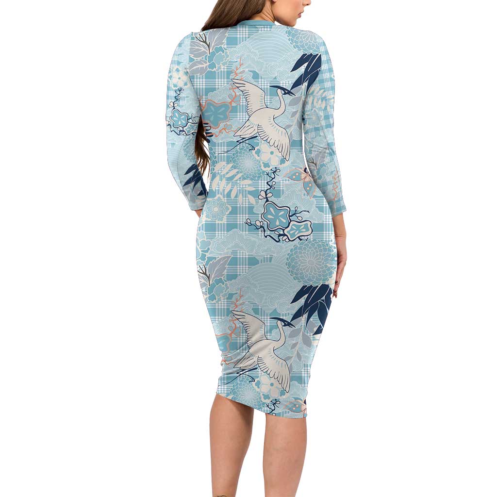 Blue Palaka Crane and Flowers Family Matching Long Sleeve Bodycon Dress and Hawaiian Shirt Japan Heritage Spirit LT9 - Polynesian Pride
