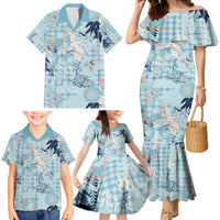 Blue Palaka Crane and Flowers Family Matching Mermaid Dress and Hawaiian Shirt Japan Heritage Spirit - Polynesian Pride