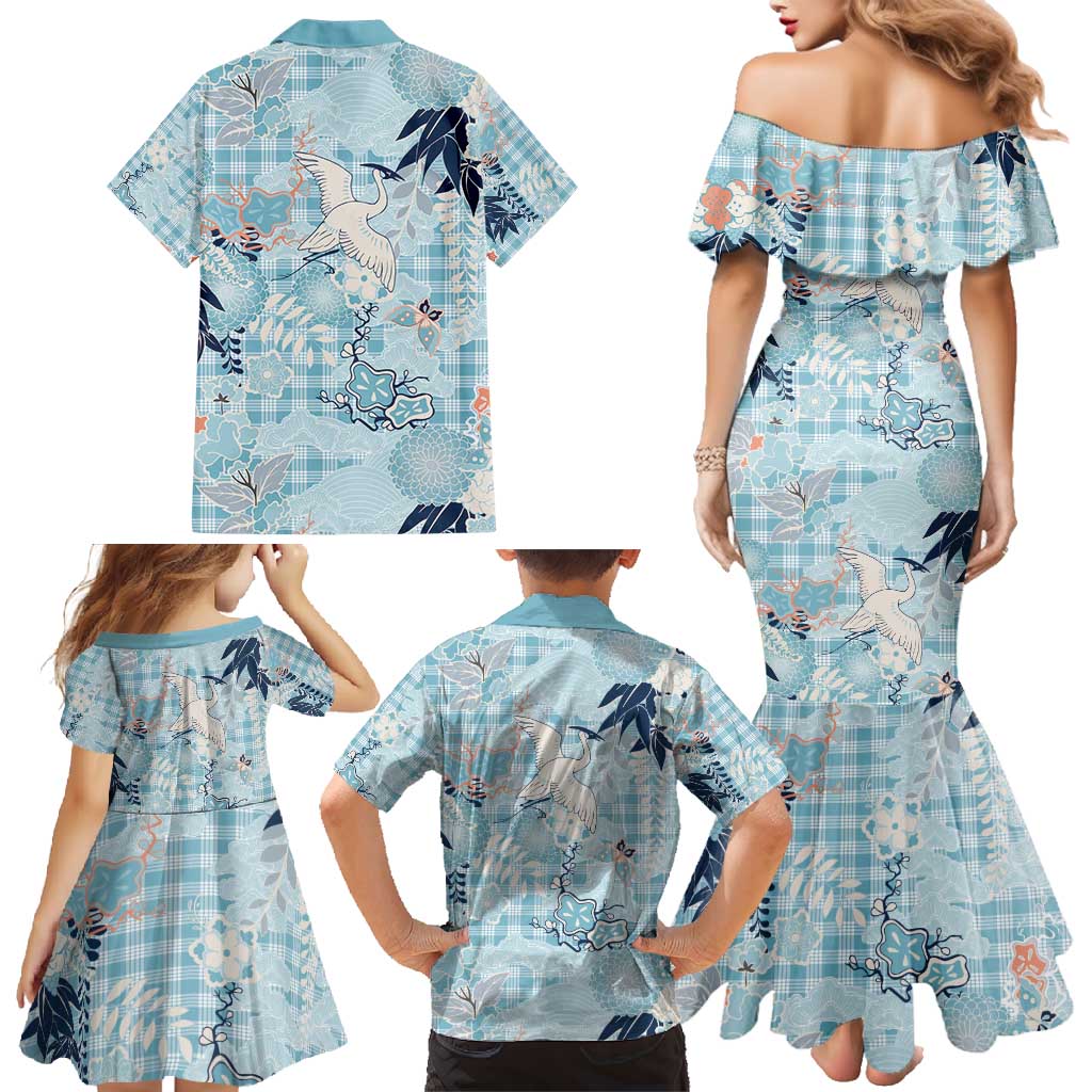 Blue Palaka Crane and Flowers Family Matching Mermaid Dress and Hawaiian Shirt Japan Heritage Spirit - Polynesian Pride