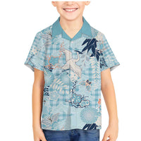 Blue Palaka Crane and Flowers Family Matching Mermaid Dress and Hawaiian Shirt Japan Heritage Spirit - Polynesian Pride