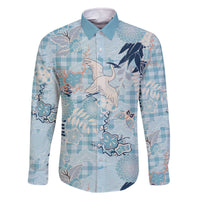 Blue Palaka Crane and Flowers Family Matching Off The Shoulder Long Sleeve Dress and Hawaiian Shirt Japan Heritage Spirit - Polynesian Pride