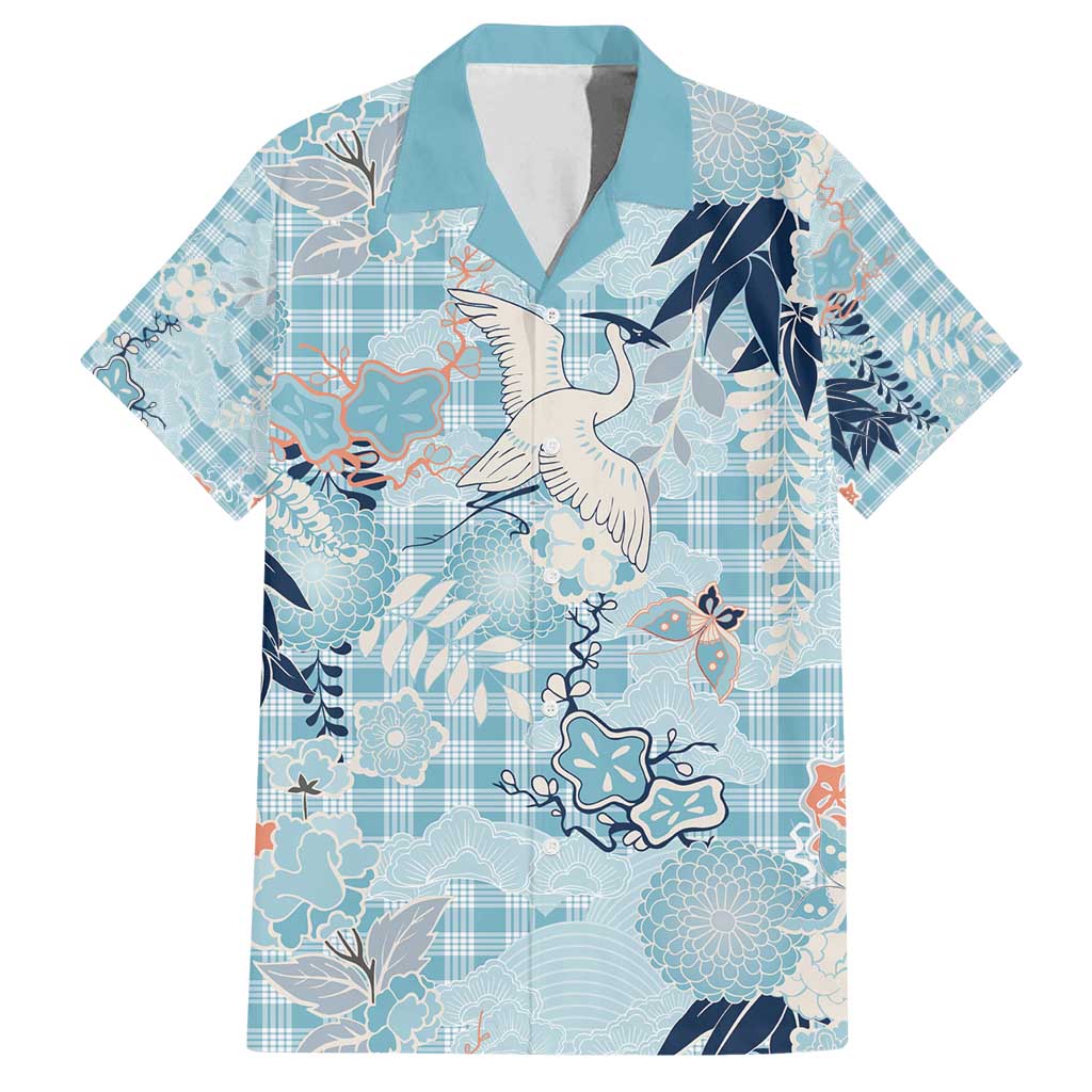 Blue Palaka Crane and Flowers Family Matching Off Shoulder Short Dress and Hawaiian Shirt Japan Heritage Spirit - Polynesian Pride