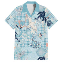 Blue Palaka Crane and Flowers Family Matching Off Shoulder Short Dress and Hawaiian Shirt Japan Heritage Spirit - Polynesian Pride