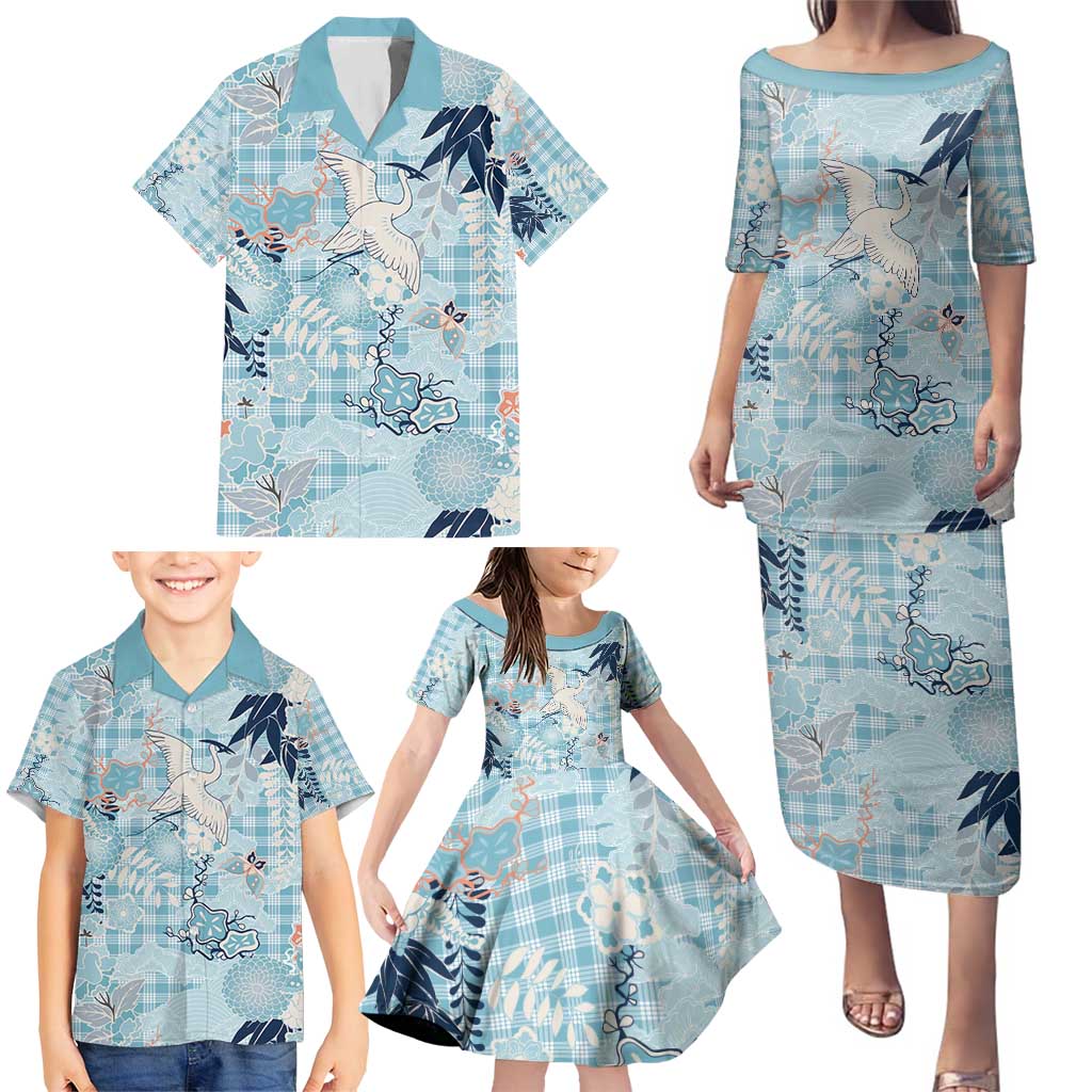 Blue Palaka Crane and Flowers Family Matching Puletasi and Hawaiian Shirt Japan Heritage Spirit - Polynesian Pride
