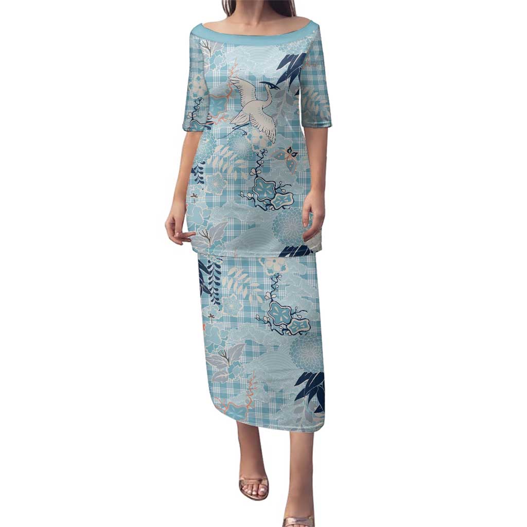 Blue Palaka Crane and Flowers Family Matching Puletasi and Hawaiian Shirt Japan Heritage Spirit LT9 Mom's Dress Blue - Polynesian Pride