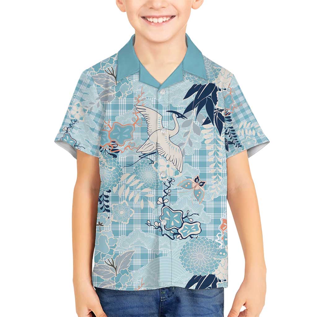 Blue Palaka Crane and Flowers Family Matching Puletasi and Hawaiian Shirt Japan Heritage Spirit LT9 Son's Shirt Blue - Polynesian Pride